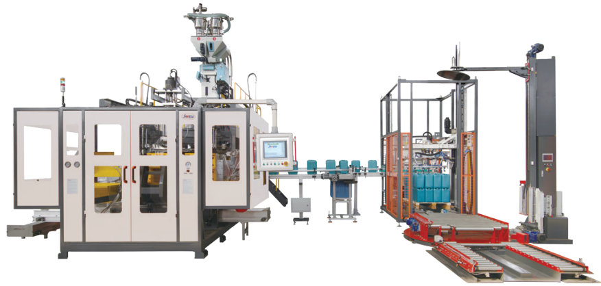 Double-station blow molding machine with two alternating mold clamps for high-output container production.png Double-station blow molding machine with two alternating mold clamps for high-output container production.png